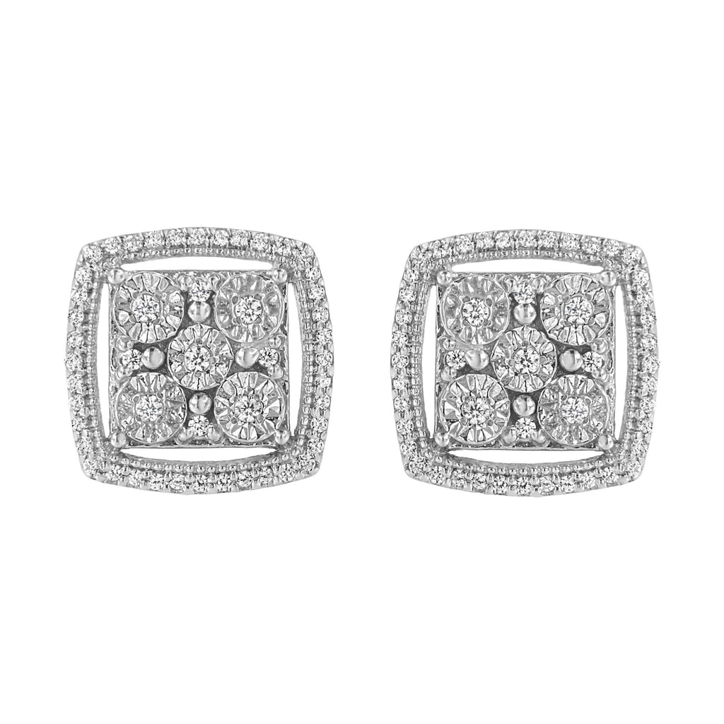 .925 Sterling Silver 3/8 Cttw Miracle Set Round Diamond Double Halo Cluster Earrings (I-J Color, I2-I3 Clarity)