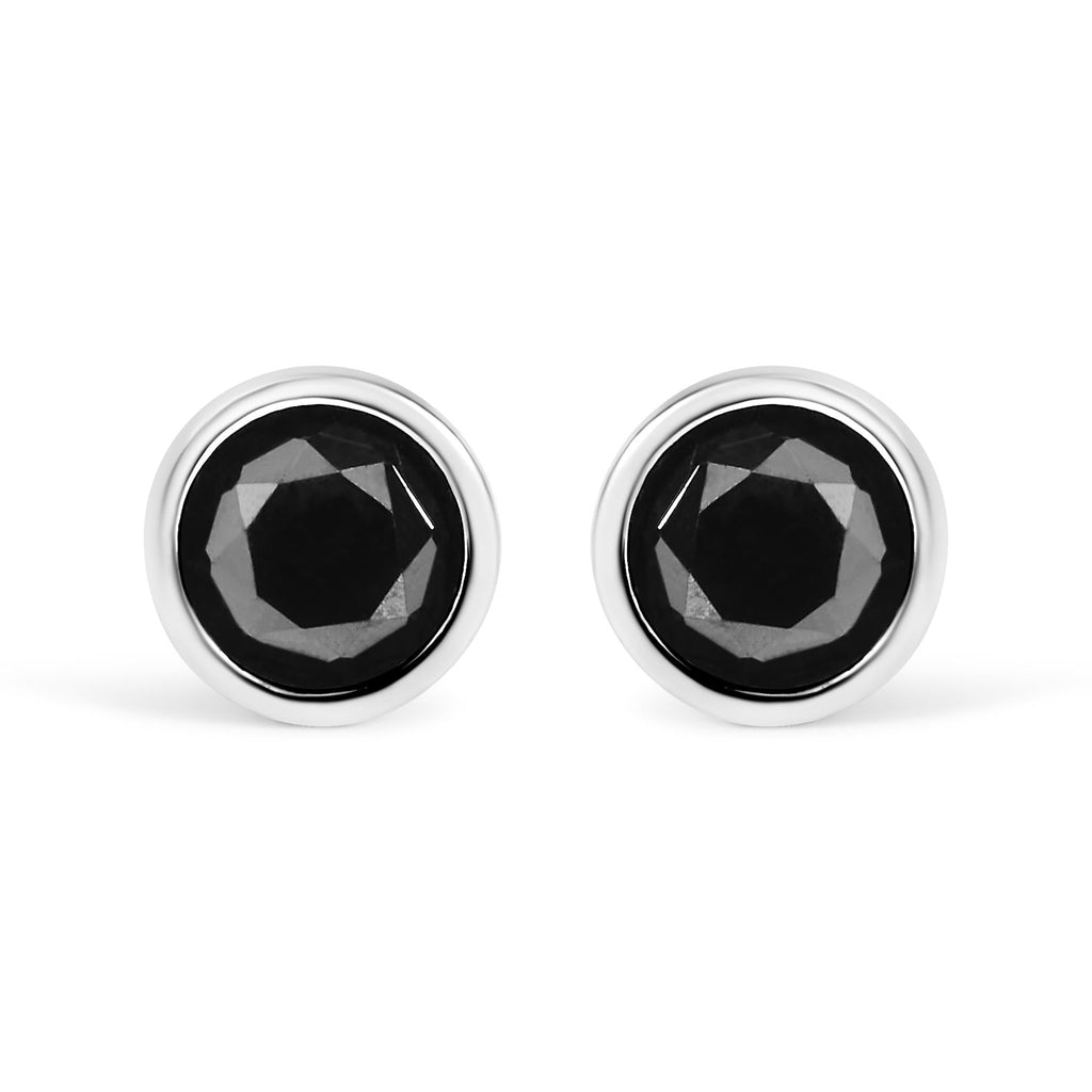 .925 Sterling Silver Round Brilliant-Cut Black Diamond Bezel-Set Stud Earrings with Screw Backs (Fancy Color-Enhanced, I2-I3 Clarity)