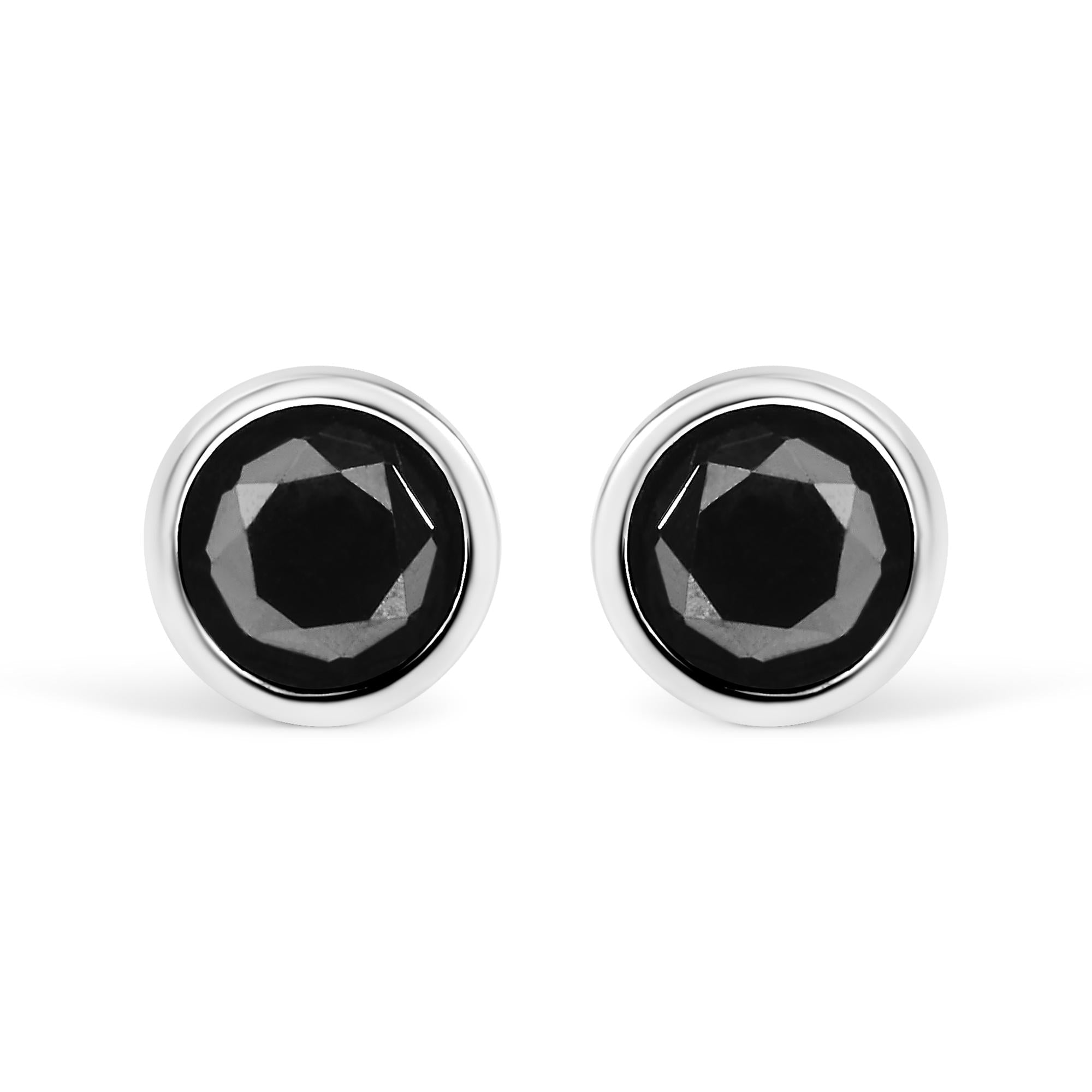 .925 Sterling Silver Round Brilliant-Cut Black Diamond Bezel-Set Stud Earrings with Screw Backs (Fancy Color-Enhanced, I2-I3 Clarity)