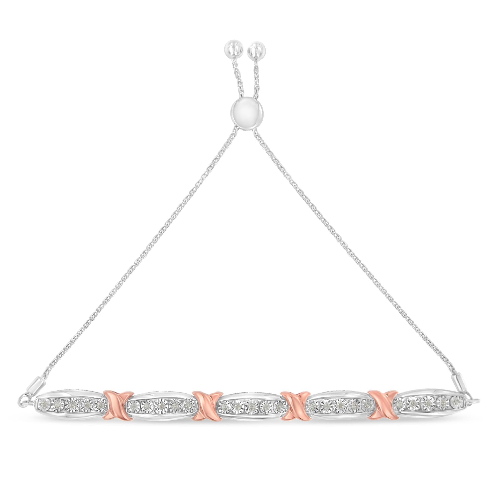 .925 Sterling Silver 1/4 Cttw Round-Cut Diamond X & Tapered Bar Miracle-Set Bolo Bracelet (I-J Color, I3 Clarity) - Two Tone Rose Gold & Silver