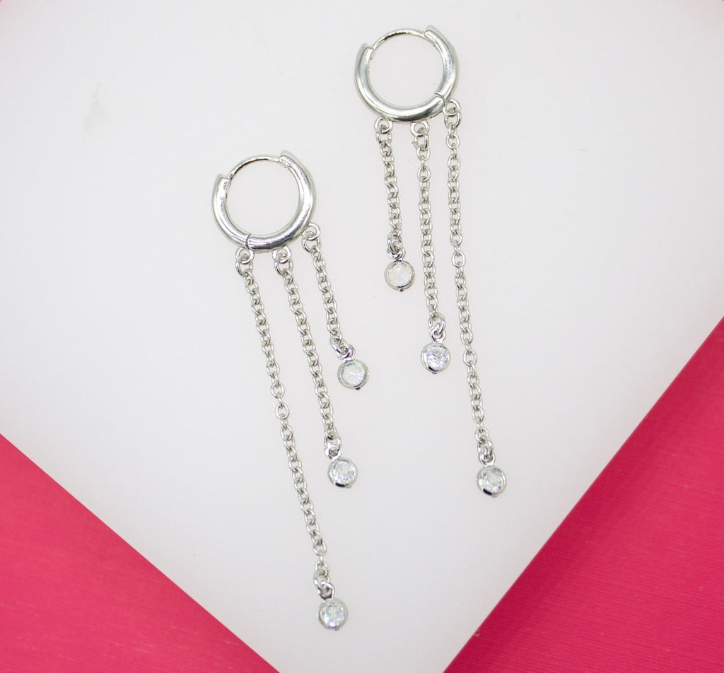 Gold Filled Long Dangle CZ Stone Huggie Earrings (L71)