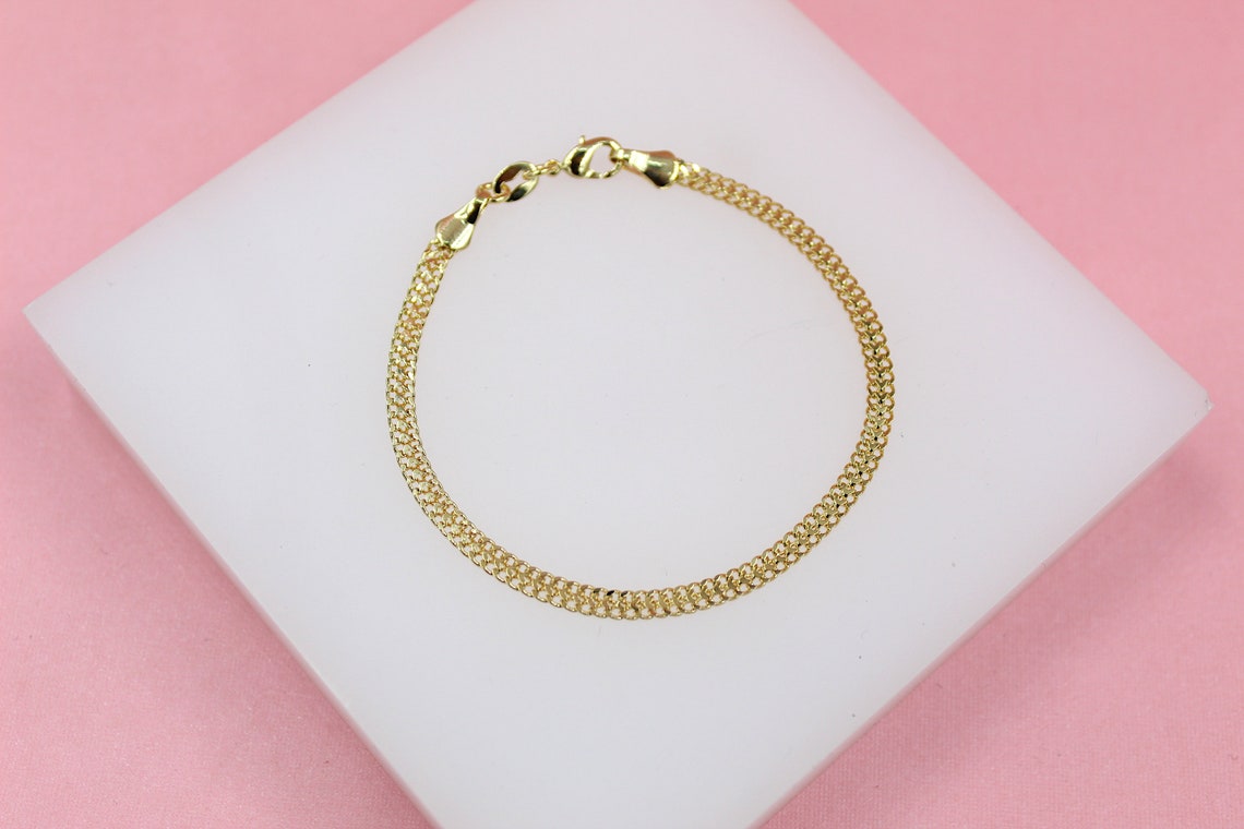 18K Gold Filled 3mm Designed Double Curb Link Bracelet (I17A)