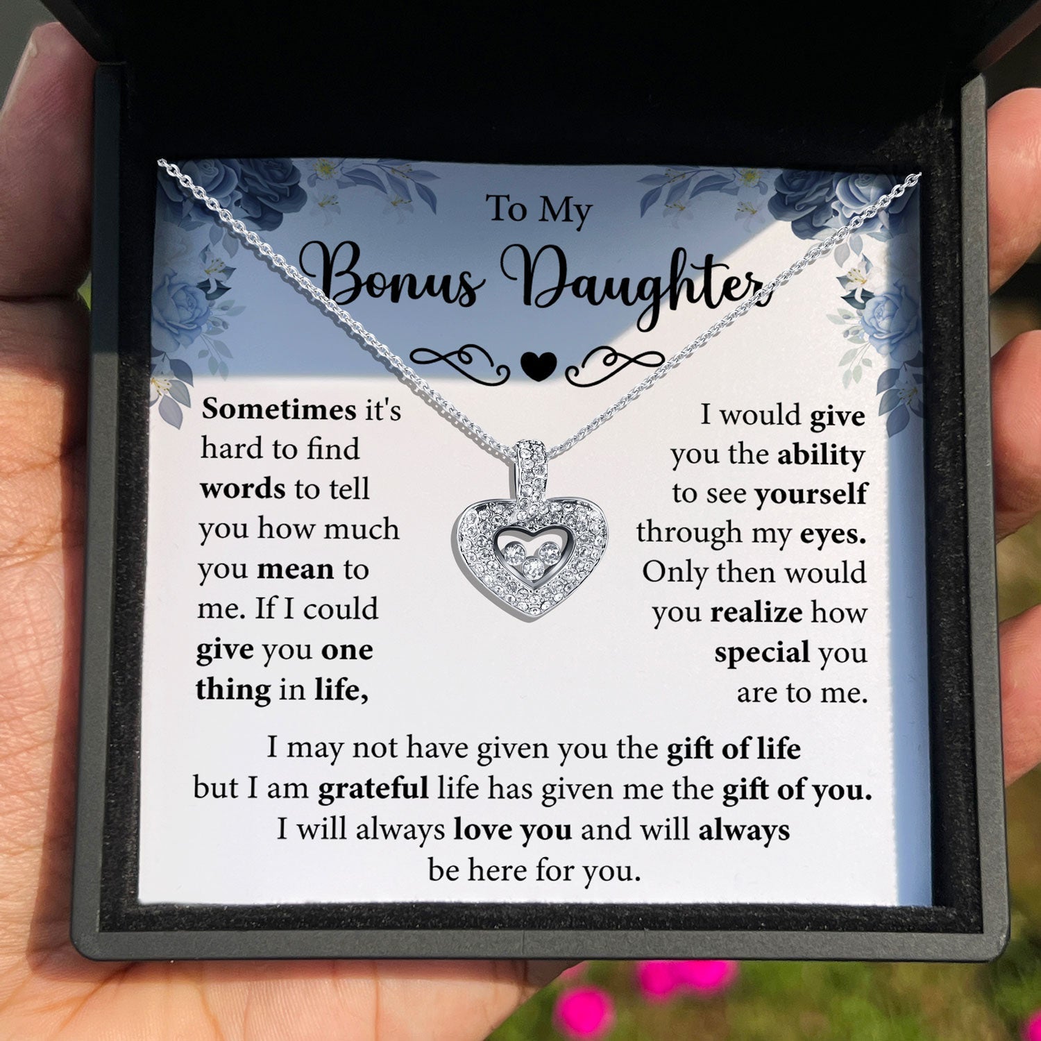 TRYNDI™ To My Beautiful Bonus Daughter Floating Heart Necklace With Authentic Swarovski Crystals