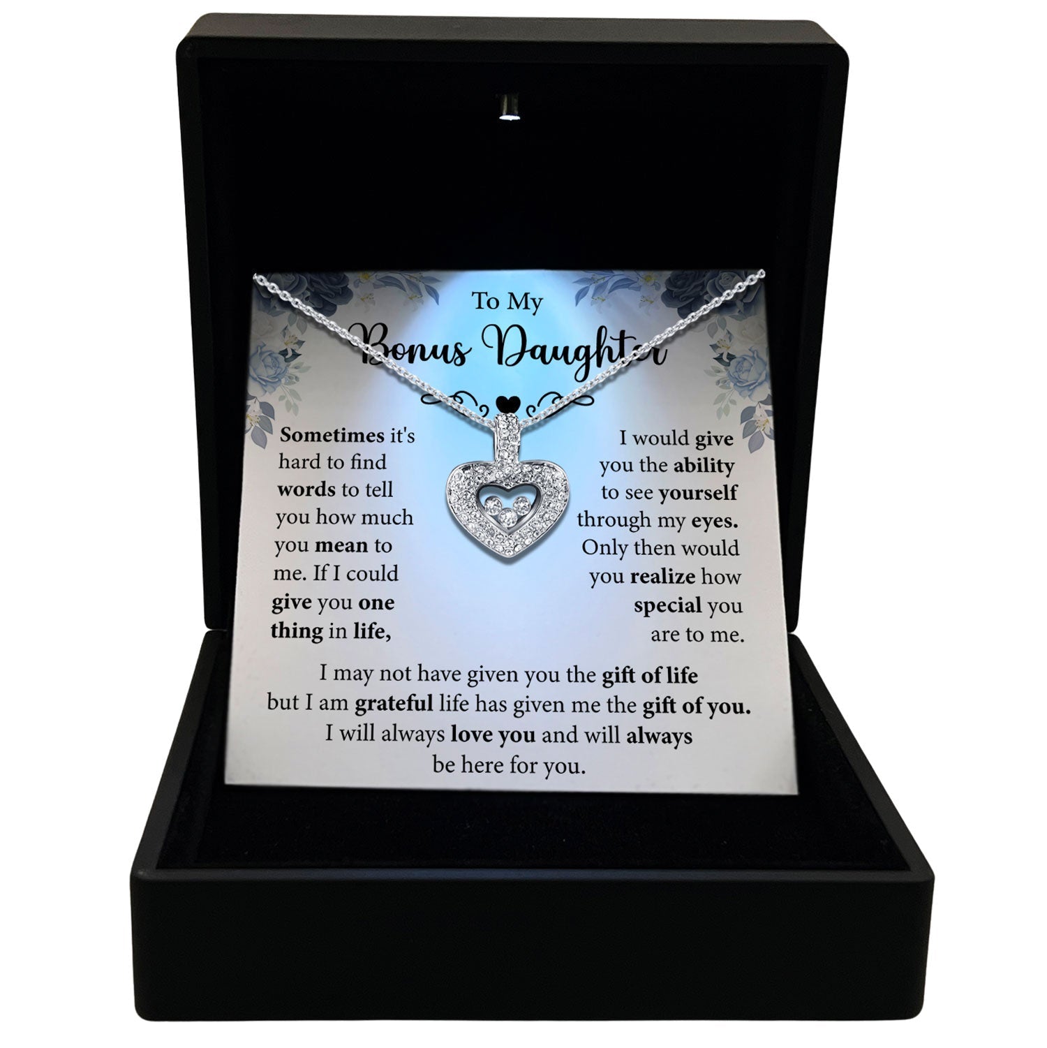 TRYNDI™ To My Beautiful Bonus Daughter Floating Heart Necklace With Authentic Swarovski Crystals