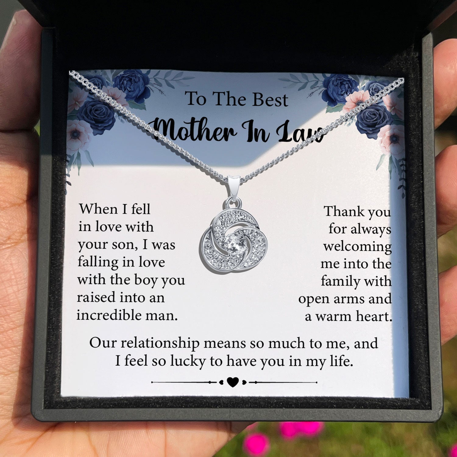 TRYNDI™ To My Best Mother in Law Love Knot Necklace With Authentic Swarovski Crystals